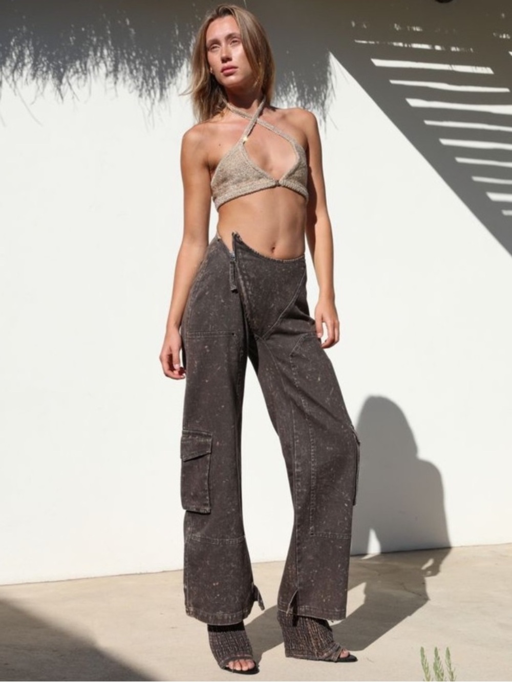 Ruve Korl Curved Waist Cargo High Waisted Cargo Pants Size XS Brown Grey Wash